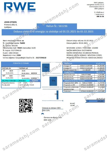 Slovenia RWE electricity proof of address utility bill template in Word and PDF format
